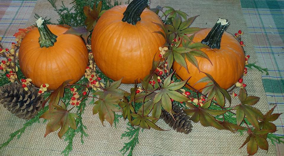 Fall decor for the kitchen table with a mixture of natural elements on burlap.