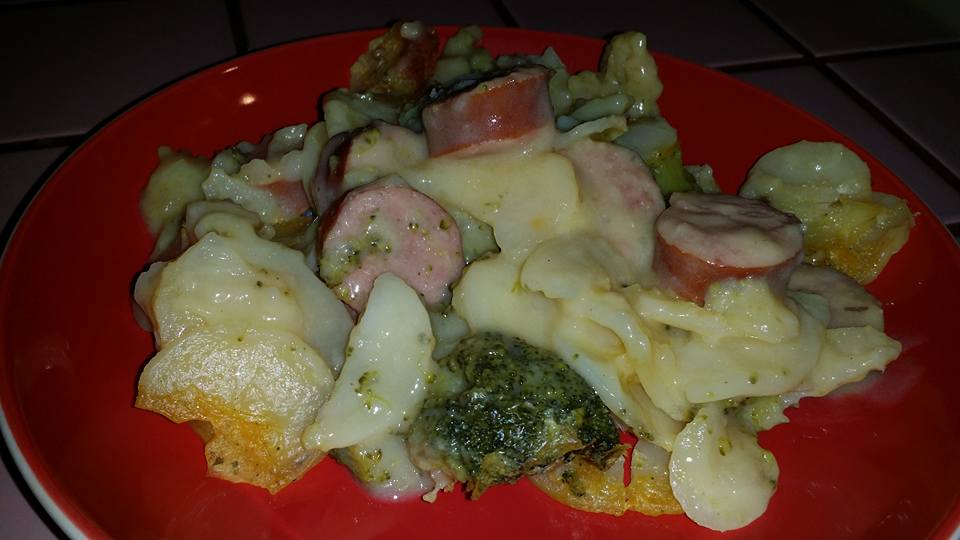 Hot potato casserole with kielbasa sausage