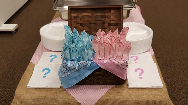 BBQ Gender Reveal plastic ware in picnic basket lined with bandanas